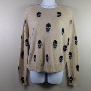 AQUA Skull Print Crewneck Cashmere Sweater Sand Color Size Small